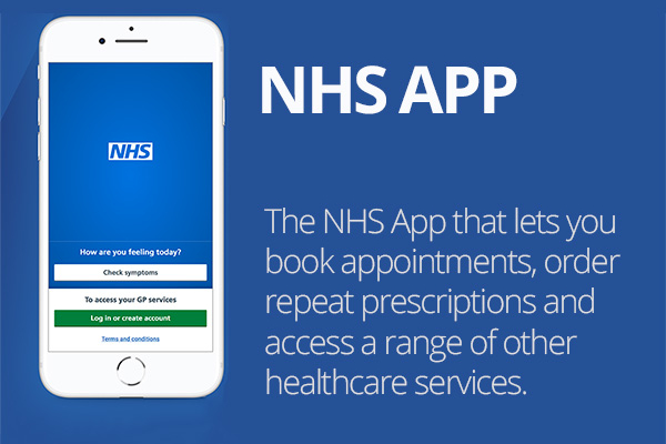 banner reading, NHS App that lets you book appointments, order repeat prescriptions and access a range of other healthcare services.